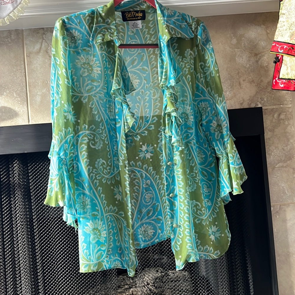 Vintage sheer Bob Mackie wearable art blouse.